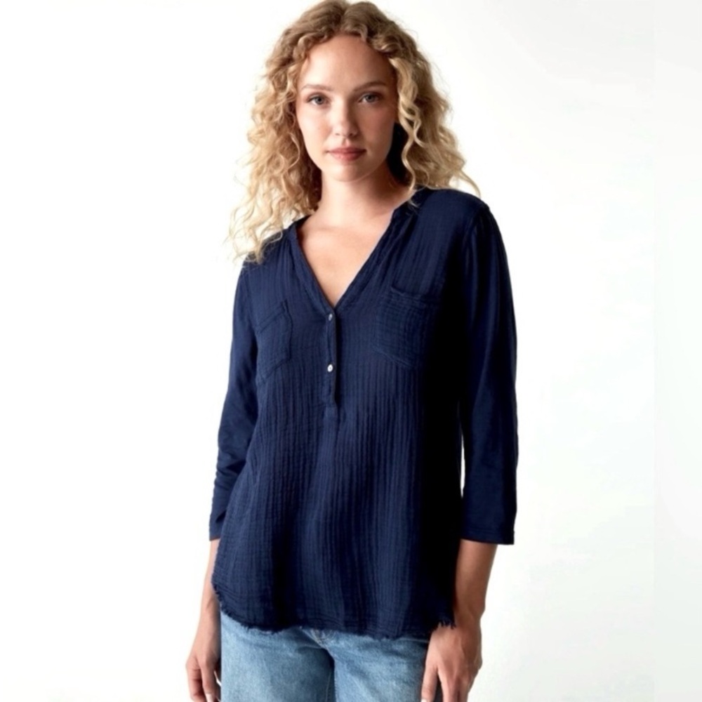Michael Stars Mabel Mixed Fabric Henley 3/4 Sleeve in Nocturnal Sz XS